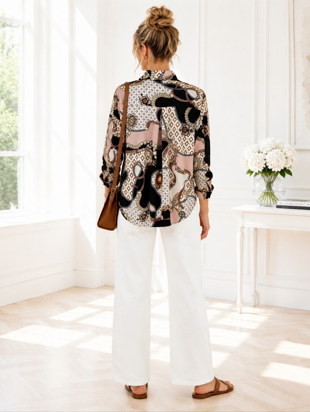Chain Print Satin Button-Up Blouse Size 2XL Neutral Luxe Long Sleeve Top - Picture 2 of 8